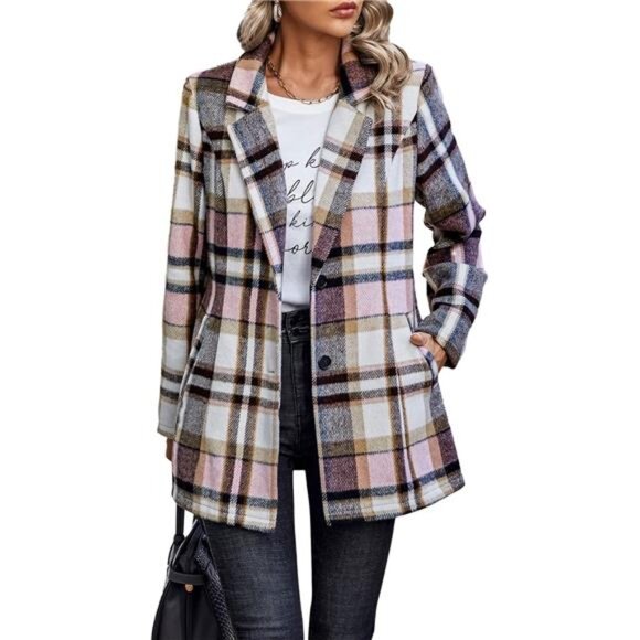 Women's 2024 Plaid Shacket Jacket Casual Button Wool Blend Winter Trench Coat - Picture 1 of 7